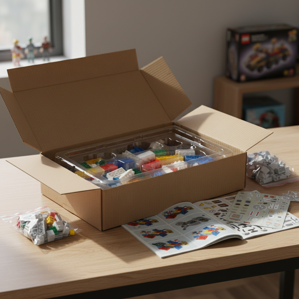 A pristine cardboard toy box freshly cut open, its flaps folded back to reveal a neatly nestled high-end building set in crisp molded packaging, tiny colorful bricks shimmering under clear plastic. Around the box lie carefully placed contents: an illustrated instruction booklet, sticker sheets, and sealed bags of pieces, all organized on a light birch desk. Soft natural daylight from a nearby window washes across the scene, creating subtle highlights on the glossy plastic and gentle shadows along the box edges. The background fades into a softly blurred, neutral wall with a few silhouetted shelves of toys. Photographic realism, shot from a slightly elevated angle, conveying the anticipation and excitement of an unboxing moment in a clean, modern style.