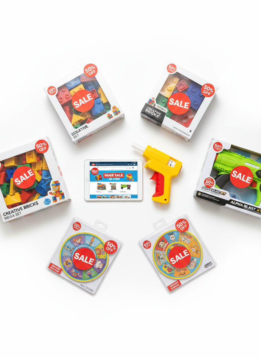 A cheerful, photographic flat lay of a bargain-hunter’s toy deal setup on a clean white background: a brightly colored price tag gun, a small digital tablet showing a toy store sale page, and several boxed toys with prominent red “SALE” and “50% OFF” stickers applied. The toys include a large, transparent-sided building set box with visible bricks, a neon-green foam dart blaster, and a compact puzzle game in a clear clamshell package. Soft, diffused overhead lighting minimizes harsh shadows and creates gentle reflections on the plastic windows of the packaging. Composition is carefully balanced, with items radiating from the center in an organized, engaging pattern, creating an energetic but tidy atmosphere that visually communicates finding the best toy deals.