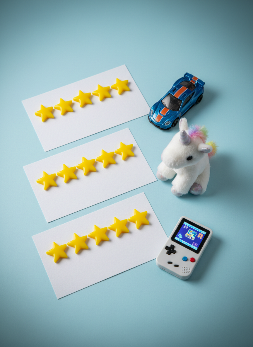 A close-up of three different toy rating cards displayed on a smooth pastel-blue surface, each card featuring a five-star scale represented by glossy, raised star-shaped tokens in bright yellow plastic. Beside each card rests a corresponding toy: a highly detailed die-cast race car, a fuzzy plush unicorn with iridescent horn, and a compact handheld gaming gadget with a lit-up pixelated screen. Overhead soft-box studio lighting creates clear, even illumination with gentle reflections on metallic and plastic details, while keeping the background slightly vignetted. The composition follows the rule of thirds, with cards leading the eye diagonally across the frame. The mood is playful yet informative, in crisp photographic realism, ideal for visually expressing scores and reviews on a toy rating blog page.